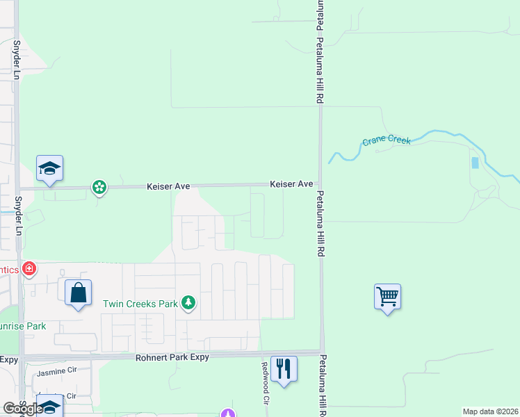 map of restaurants, bars, coffee shops, grocery stores, and more near 1352-2110 Keiser Ave in Rohnert Park