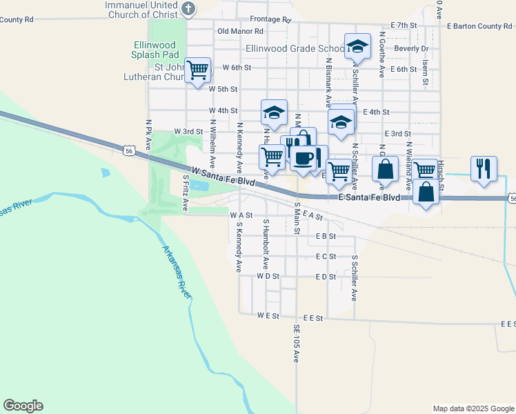 map of restaurants, bars, coffee shops, grocery stores, and more near 101-199 S Humbolt Ave in Ellinwood