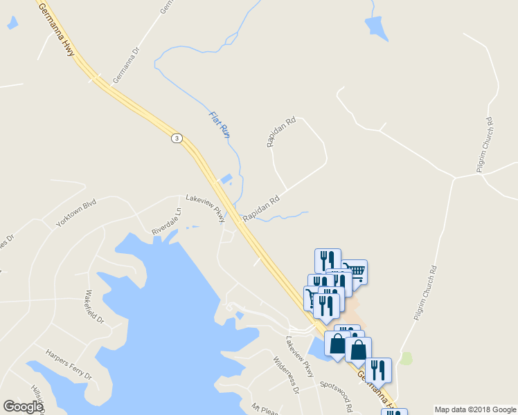 map of restaurants, bars, coffee shops, grocery stores, and more near 6 Rapidan Road in Locust Grove