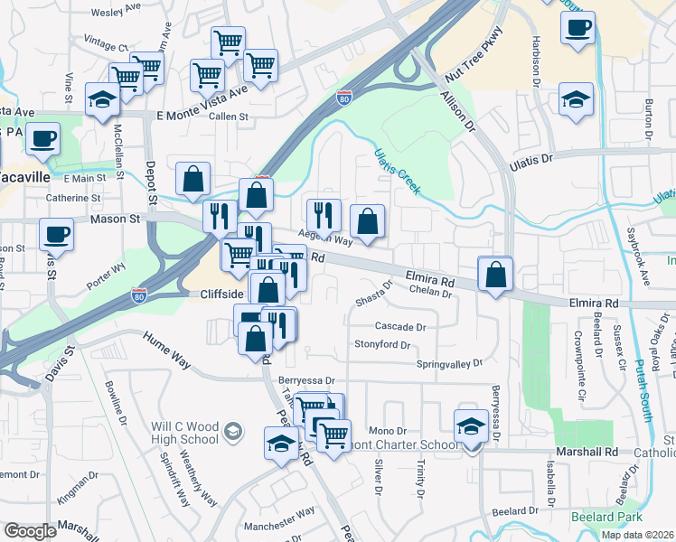 map of restaurants, bars, coffee shops, grocery stores, and more near 116 Elmira Road in Vacaville