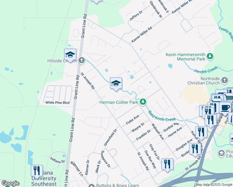 map of restaurants, bars, coffee shops, grocery stores, and more near 4102 Saint Joseph Road in New Albany