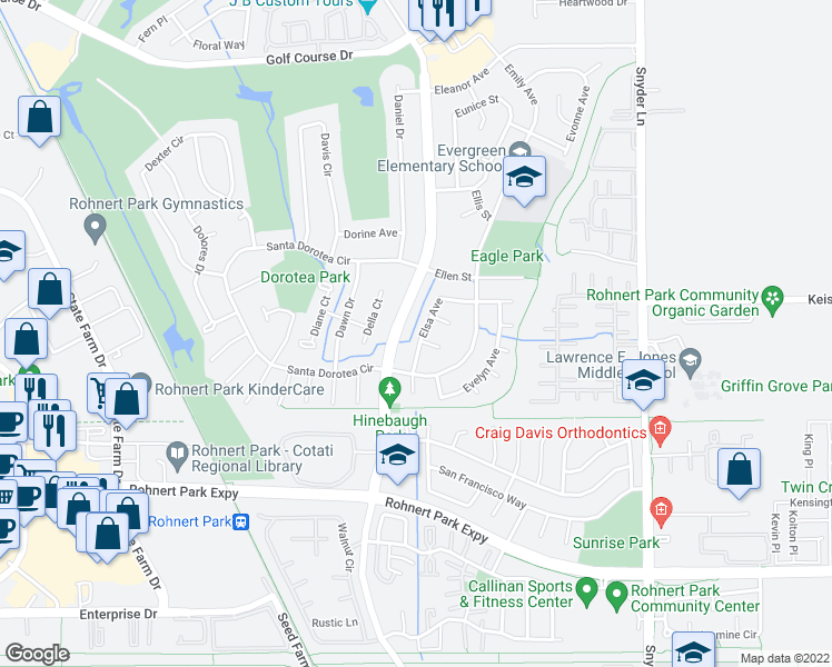 map of restaurants, bars, coffee shops, grocery stores, and more near 6065 Elsa Avenue in Rohnert Park