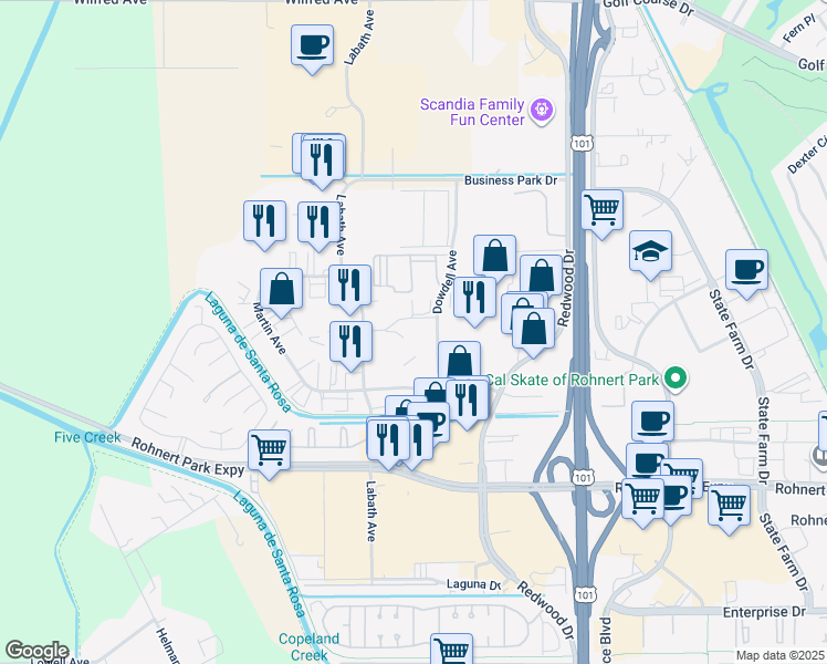 map of restaurants, bars, coffee shops, grocery stores, and more near 541 Carlson Avenue in Rohnert Park