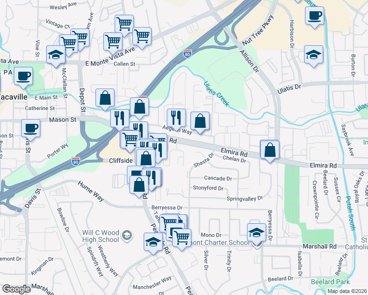 map of restaurants, bars, coffee shops, grocery stores, and more near 116 Elmira Road in Vacaville