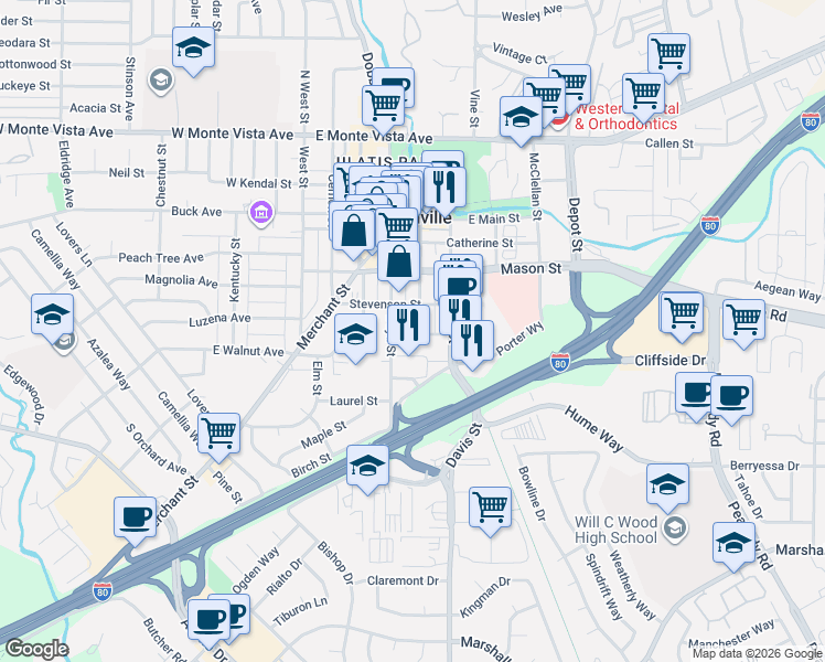 map of restaurants, bars, coffee shops, grocery stores, and more near 513 Elizabeth Street in Vacaville