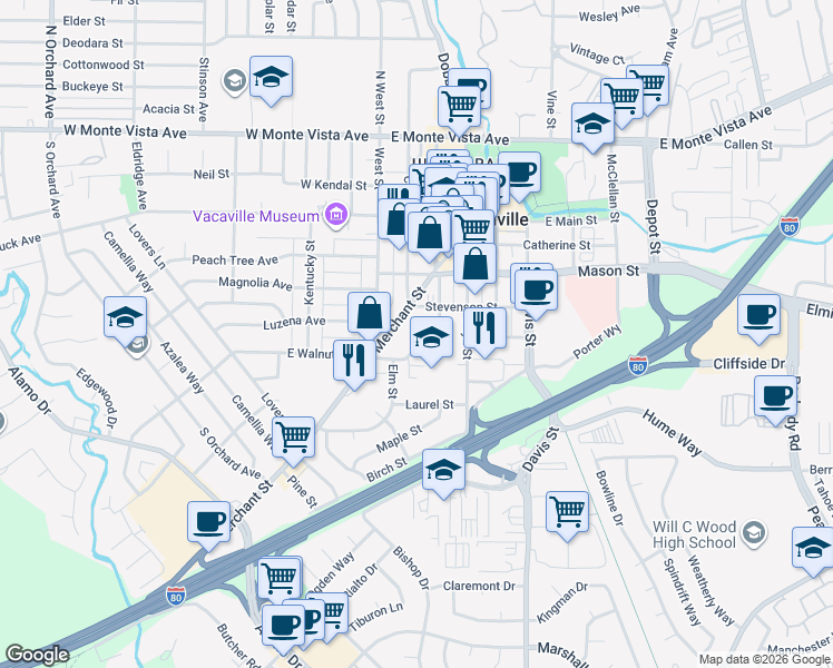 map of restaurants, bars, coffee shops, grocery stores, and more near 206 Stevenson Street in Vacaville