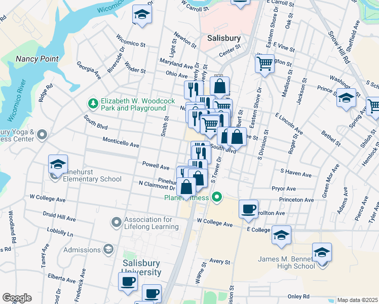 map of restaurants, bars, coffee shops, grocery stores, and more near 803 Hanover Street in Salisbury