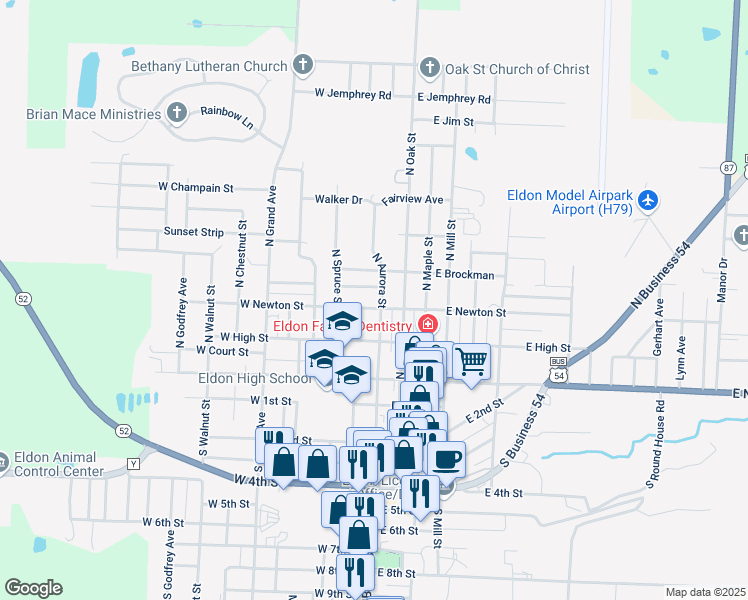 map of restaurants, bars, coffee shops, grocery stores, and more near 102 West Autry Street in Eldon