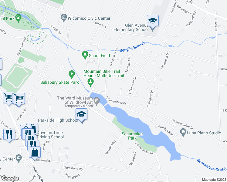map of restaurants, bars, coffee shops, grocery stores, and more near 720 Canvasback Court in Salisbury