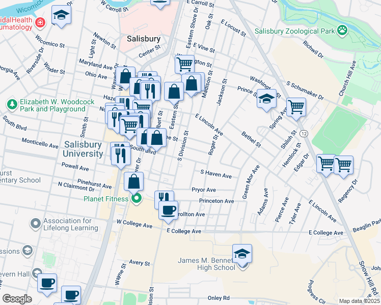 map of restaurants, bars, coffee shops, grocery stores, and more near 105 Van Buren Street in Salisbury