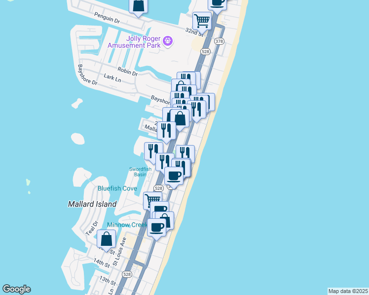 map of restaurants, bars, coffee shops, grocery stores, and more near 2400 Baltimore Avenue in Ocean City