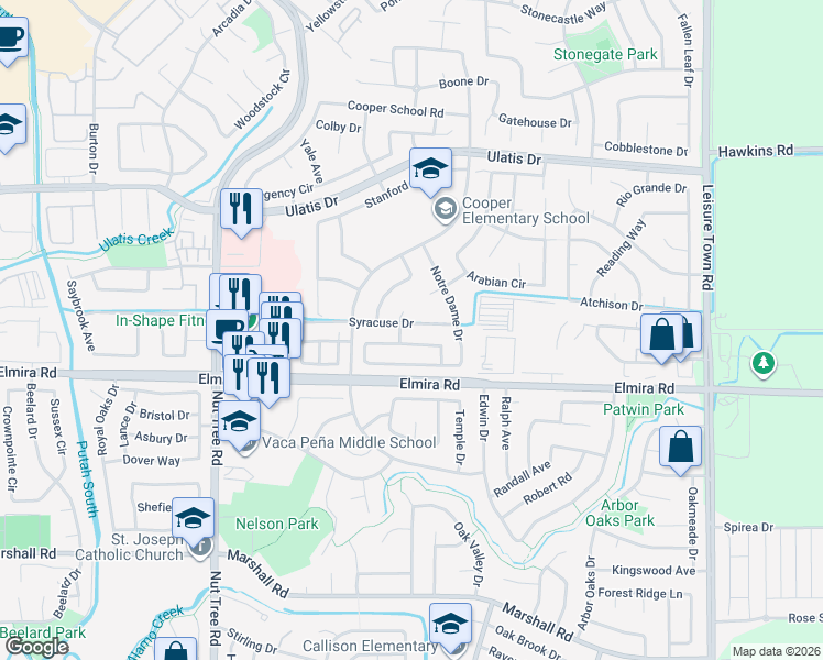 map of restaurants, bars, coffee shops, grocery stores, and more near 101 Cabrillo Court in Vacaville