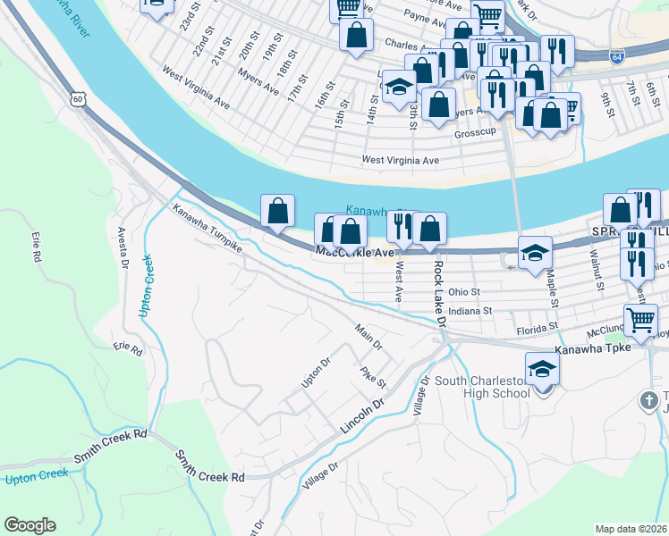 map of restaurants, bars, coffee shops, grocery stores, and more near 5509-5523 Maccorkle Ave in South Charleston