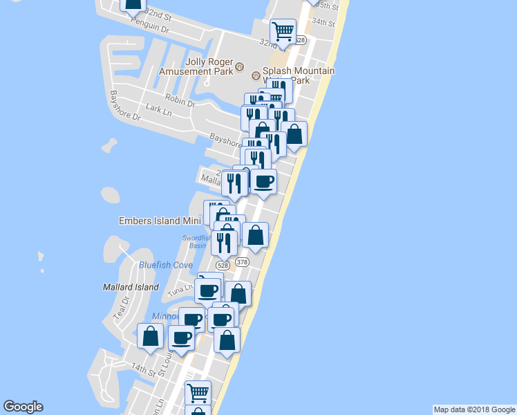 map of restaurants, bars, coffee shops, grocery stores, and more near 101 24th Street in Ocean City