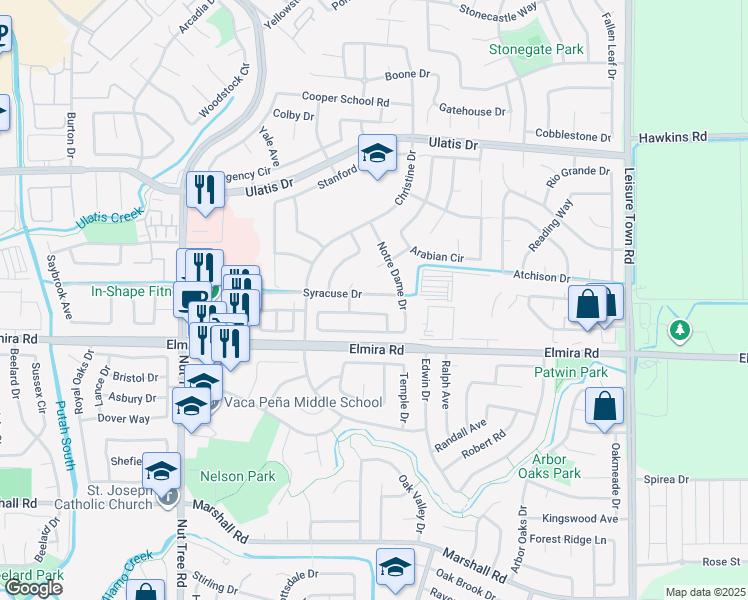 map of restaurants, bars, coffee shops, grocery stores, and more near 716 Syracuse Drive in Vacaville