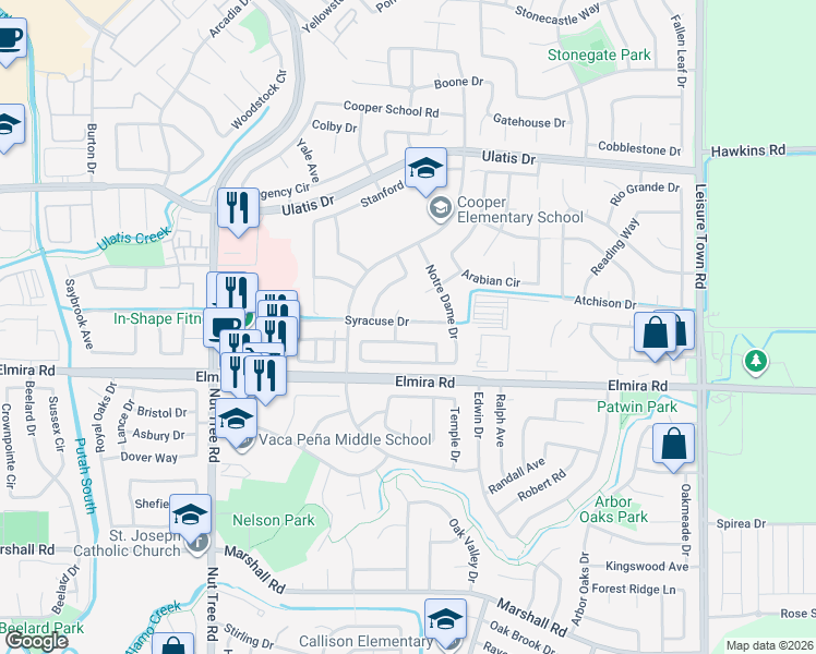 map of restaurants, bars, coffee shops, grocery stores, and more near 101 Cabrillo Court in Vacaville