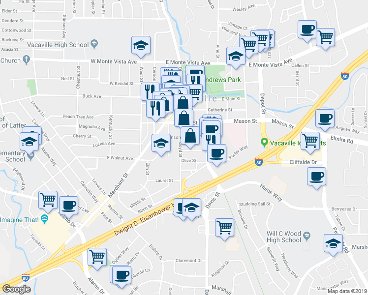 map of restaurants, bars, coffee shops, grocery stores, and more near 512 Boyd Street in Vacaville