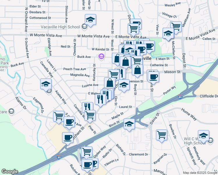 map of restaurants, bars, coffee shops, grocery stores, and more near 530A Merchant Street in Vacaville