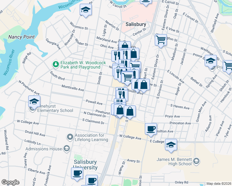 map of restaurants, bars, coffee shops, grocery stores, and more near 828 South Salisbury Boulevard in Salisbury