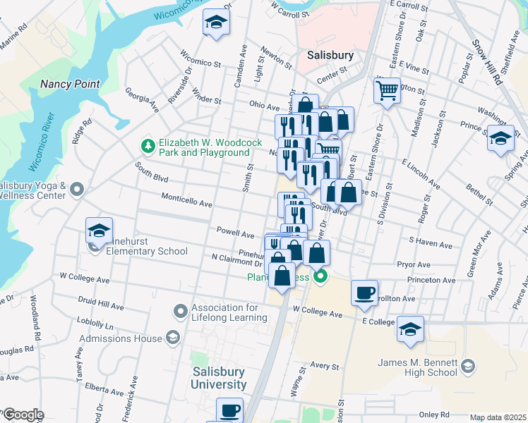 map of restaurants, bars, coffee shops, grocery stores, and more near 803 Hanover Street in Salisbury