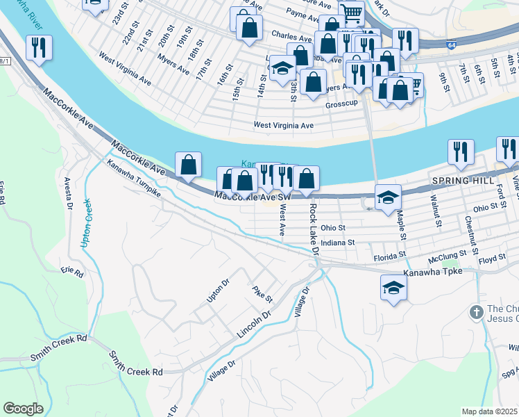 map of restaurants, bars, coffee shops, grocery stores, and more near 5427 Maccorkle Avenue in South Charleston