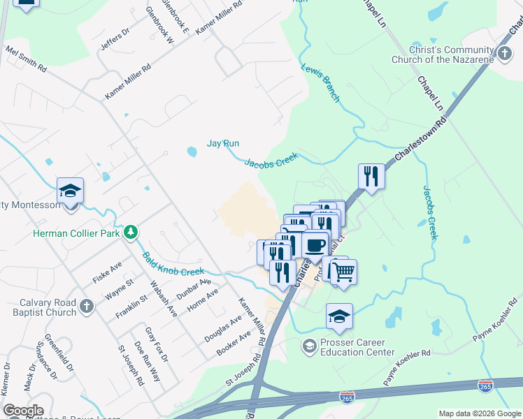 map of restaurants, bars, coffee shops, grocery stores, and more near 5173 Charlestown Crossing Way in New Albany