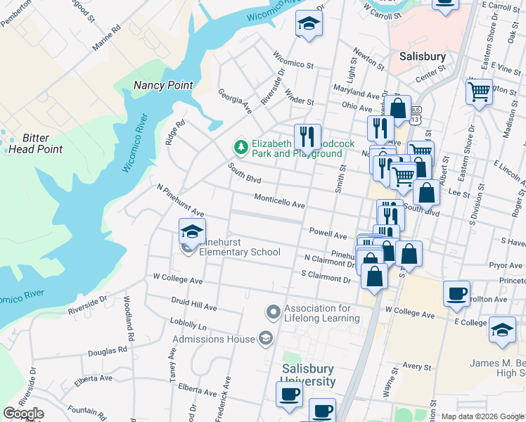 map of restaurants, bars, coffee shops, grocery stores, and more near 415 Forest Lane in Salisbury