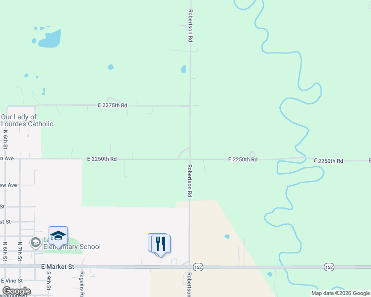 map of restaurants, bars, coffee shops, grocery stores, and more near 22554 Robertson Road in LaCygne