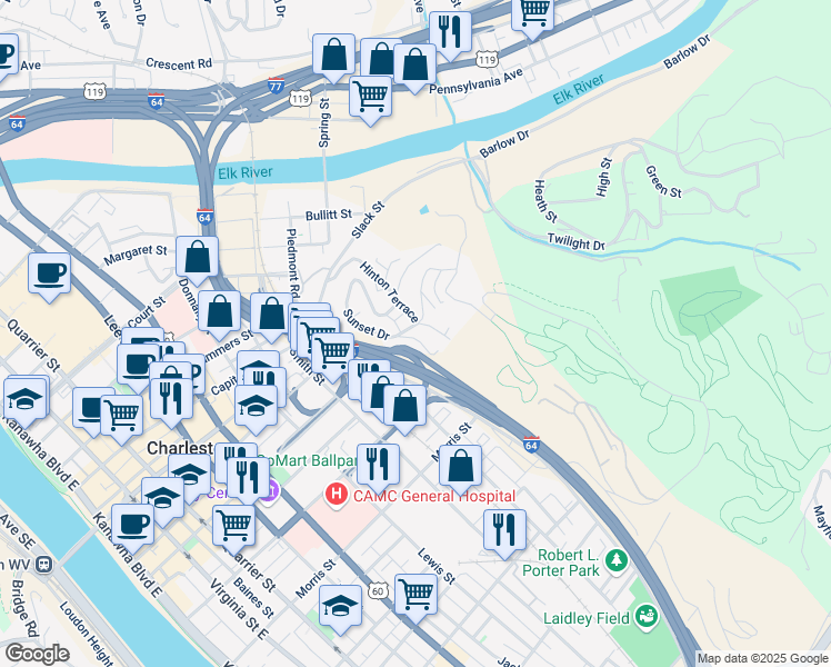 map of restaurants, bars, coffee shops, grocery stores, and more near 167 South Drive in Charleston