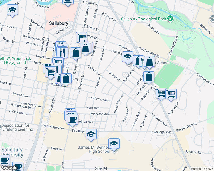 map of restaurants, bars, coffee shops, grocery stores, and more near 803 Springfield Circle in Salisbury