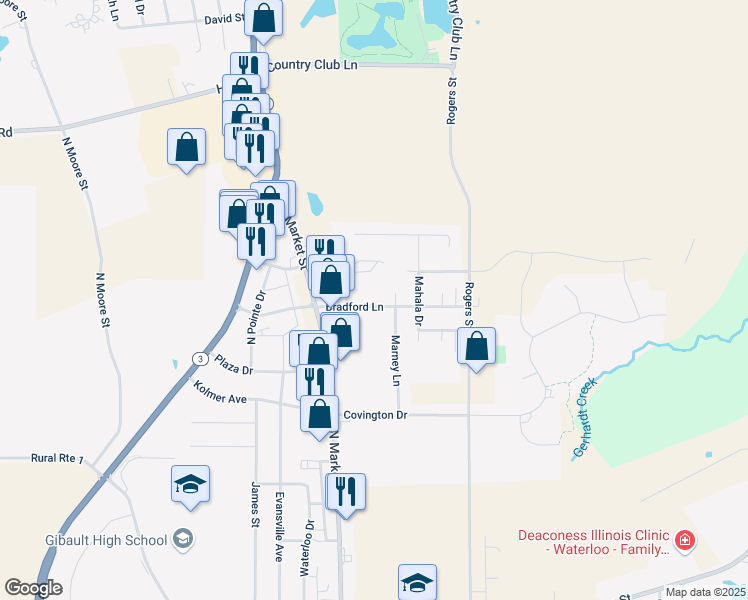 map of restaurants, bars, coffee shops, grocery stores, and more near 801 Marney Lane in Waterloo