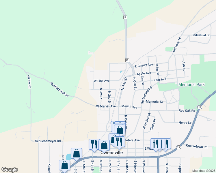 map of restaurants, bars, coffee shops, grocery stores, and more near 702 North 2nd Street in Owensville
