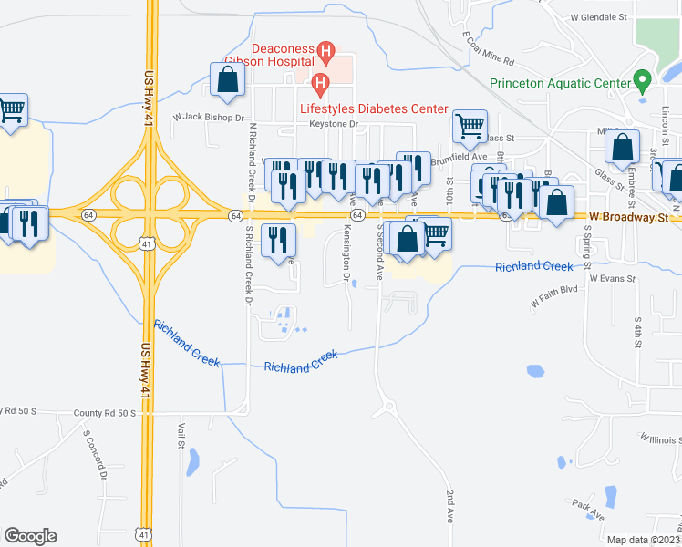 map of restaurants, bars, coffee shops, grocery stores, and more near 225 Kensington Drive in Princeton