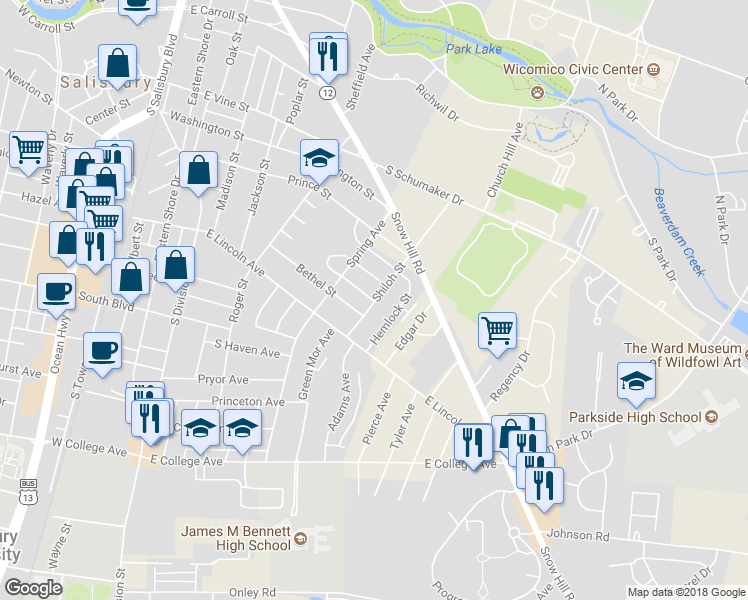 map of restaurants, bars, coffee shops, grocery stores, and more near 725 Hemlock Street in Salisbury