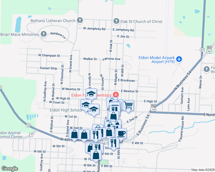 map of restaurants, bars, coffee shops, grocery stores, and more near 307 North Oak Street in Eldon