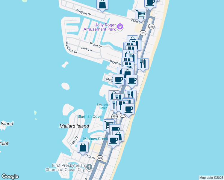 map of restaurants, bars, coffee shops, grocery stores, and more near 2301 Philadelphia Avenue in Ocean City