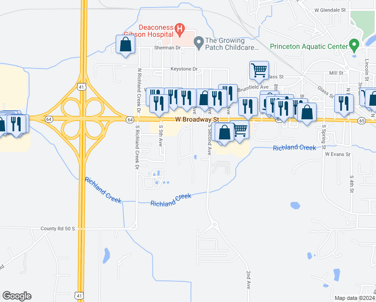 map of restaurants, bars, coffee shops, grocery stores, and more near 205 Kensington Drive in Princeton