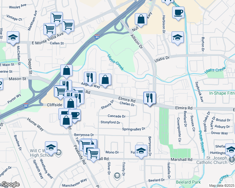map of restaurants, bars, coffee shops, grocery stores, and more near 220 Aegean Way in Vacaville