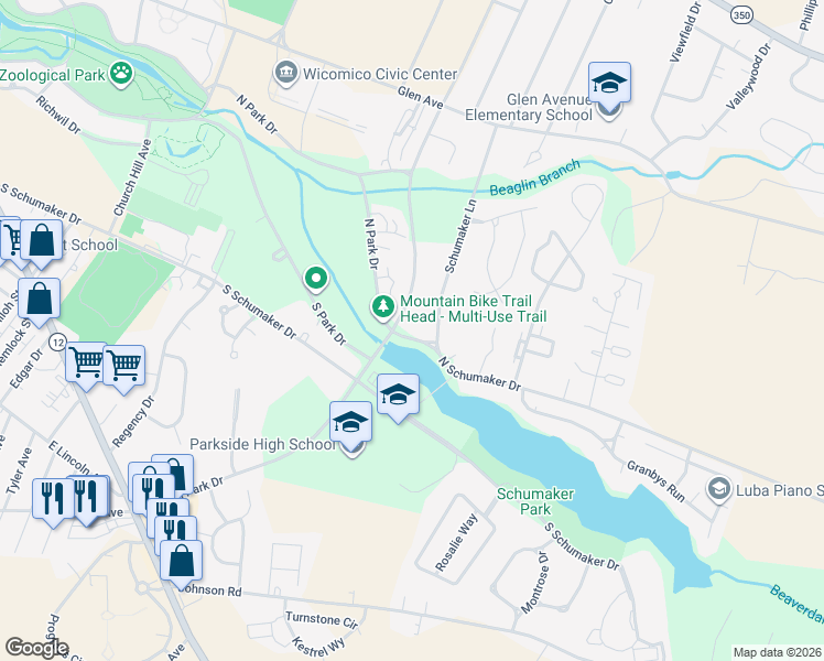 map of restaurants, bars, coffee shops, grocery stores, and more near 705 North Park Drive in Salisbury