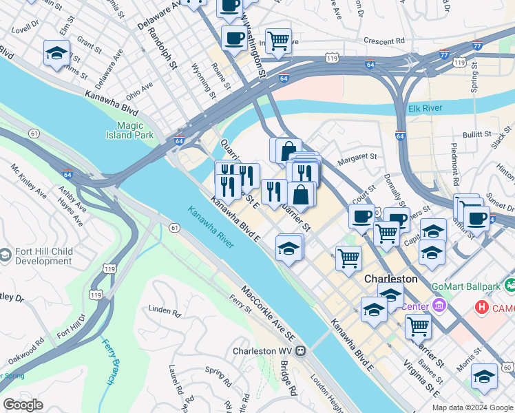 map of restaurants, bars, coffee shops, grocery stores, and more near 224 Virginia Street East in Charleston