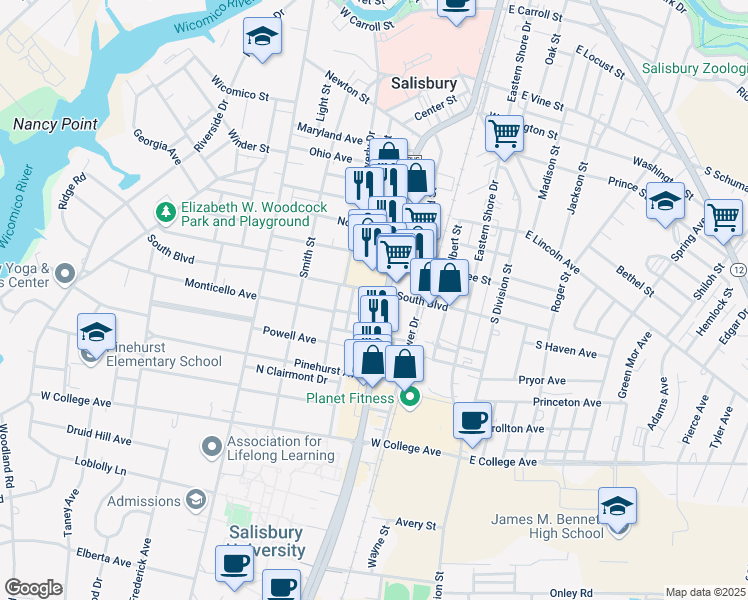 map of restaurants, bars, coffee shops, grocery stores, and more near 828 South Salisbury Boulevard in Salisbury