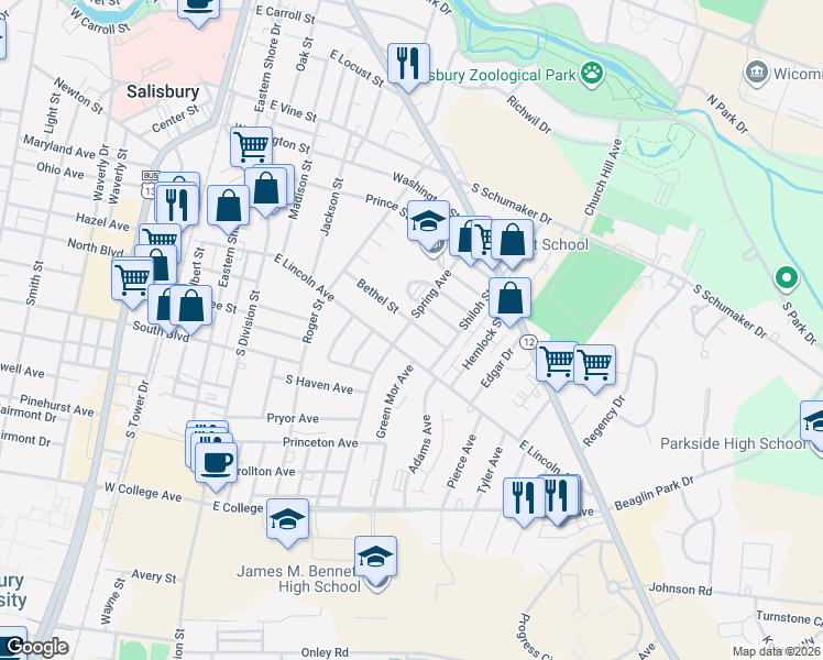 map of restaurants, bars, coffee shops, grocery stores, and more near 503 Bethel Street in Salisbury