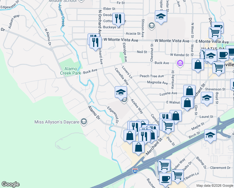 map of restaurants, bars, coffee shops, grocery stores, and more near 416 South Orchard Avenue in Vacaville