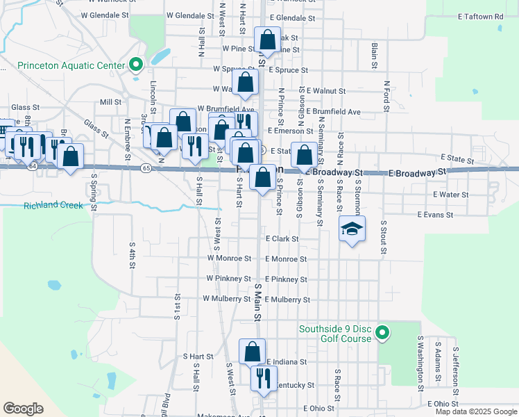 map of restaurants, bars, coffee shops, grocery stores, and more near 228 South Main Street in Princeton