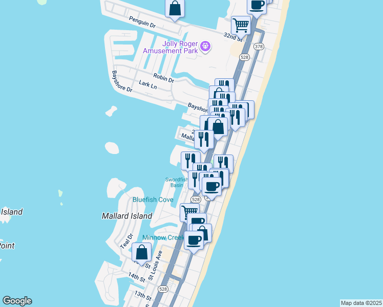 map of restaurants, bars, coffee shops, grocery stores, and more near 2301 Philadelphia Avenue in Ocean City