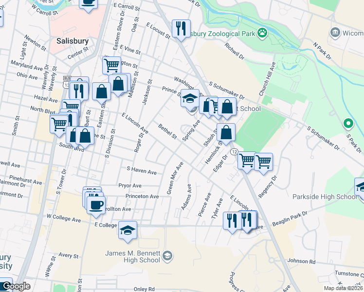 map of restaurants, bars, coffee shops, grocery stores, and more near 503 Bethel Street in Salisbury