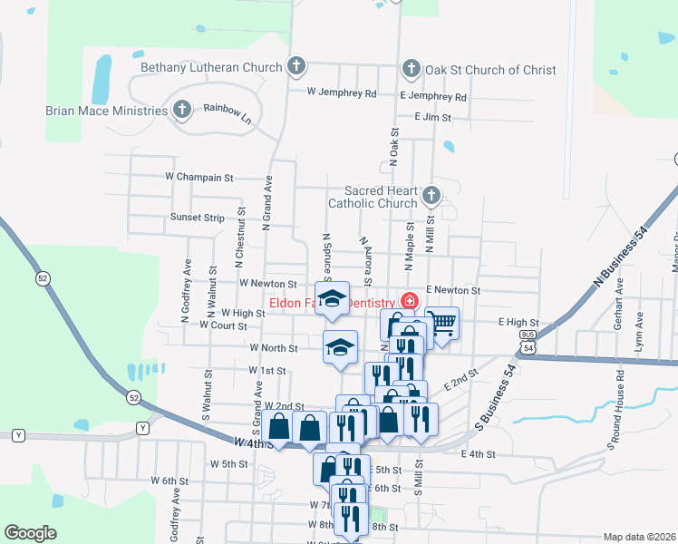 map of restaurants, bars, coffee shops, grocery stores, and more near 303 North Spruce Street in Eldon