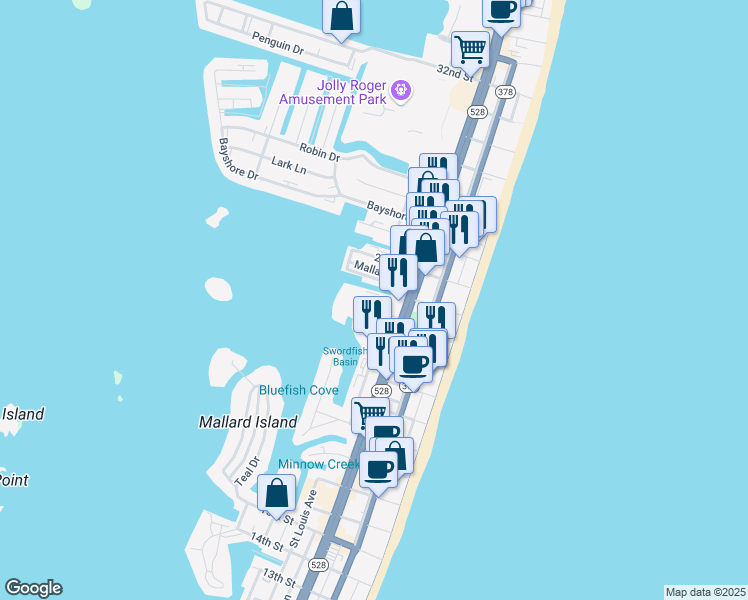 map of restaurants, bars, coffee shops, grocery stores, and more near 2301 Philadelphia Avenue in Ocean City