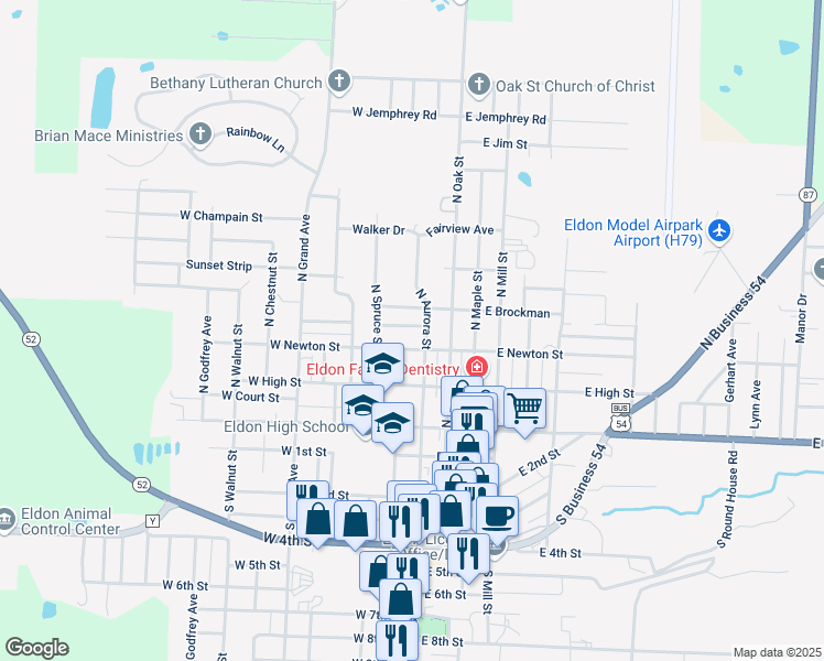 map of restaurants, bars, coffee shops, grocery stores, and more near 102 West Autry Street in Eldon