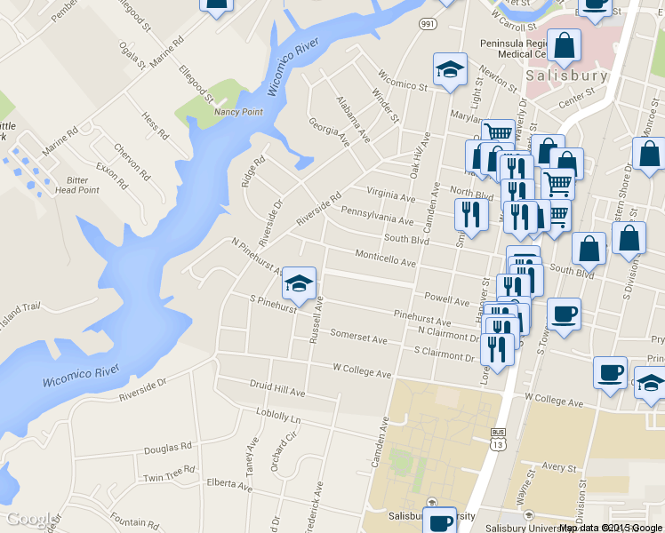 map of restaurants, bars, coffee shops, grocery stores, and more near 425 Forest Lane in Salisbury